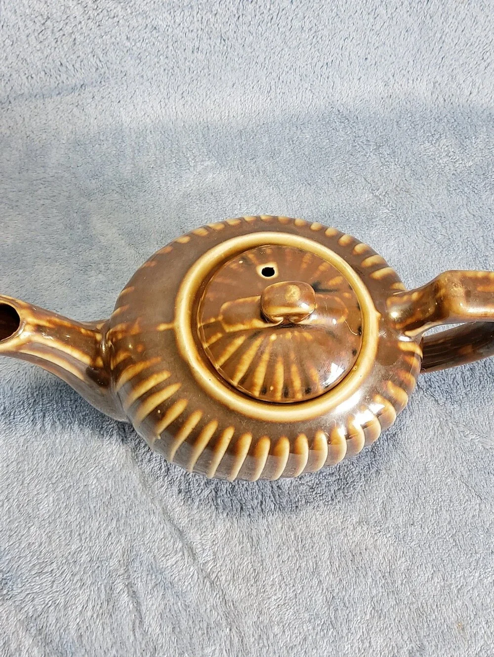 Antique Fraunfelter China Teapot Caramel Brown Ribbed Pottery Ohio USA w/ Lid